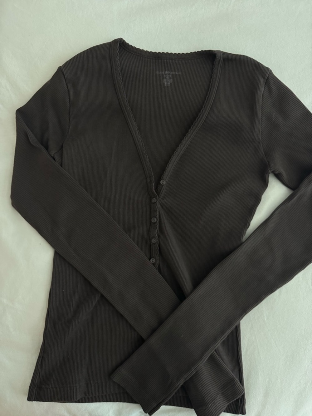 Brandy Melville Dark Brown Ribbed Long Sleeve Button-Front Tee